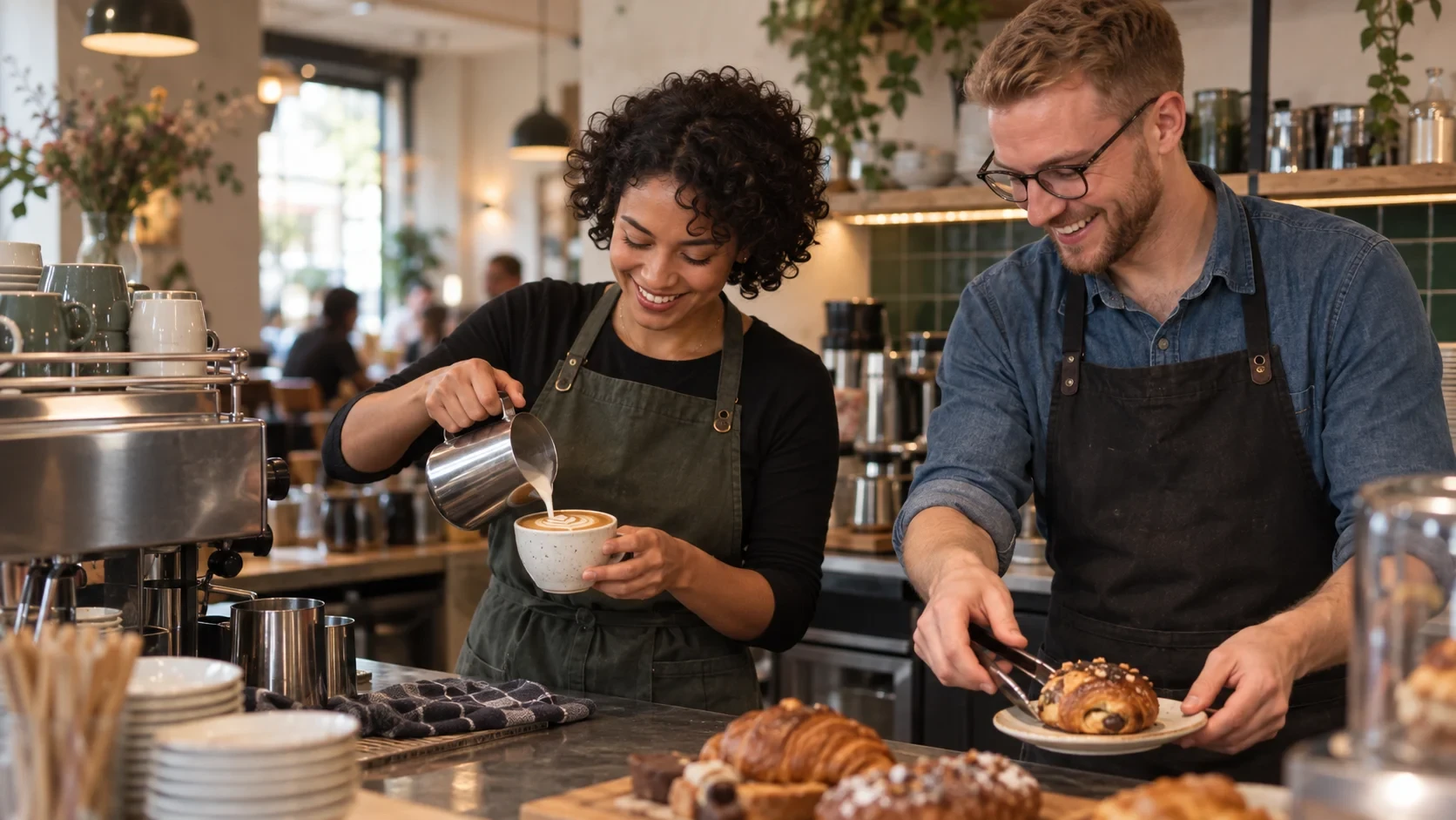 Twee barista's achter de bar: de een schenkt latte art, de ander serveert een croissant