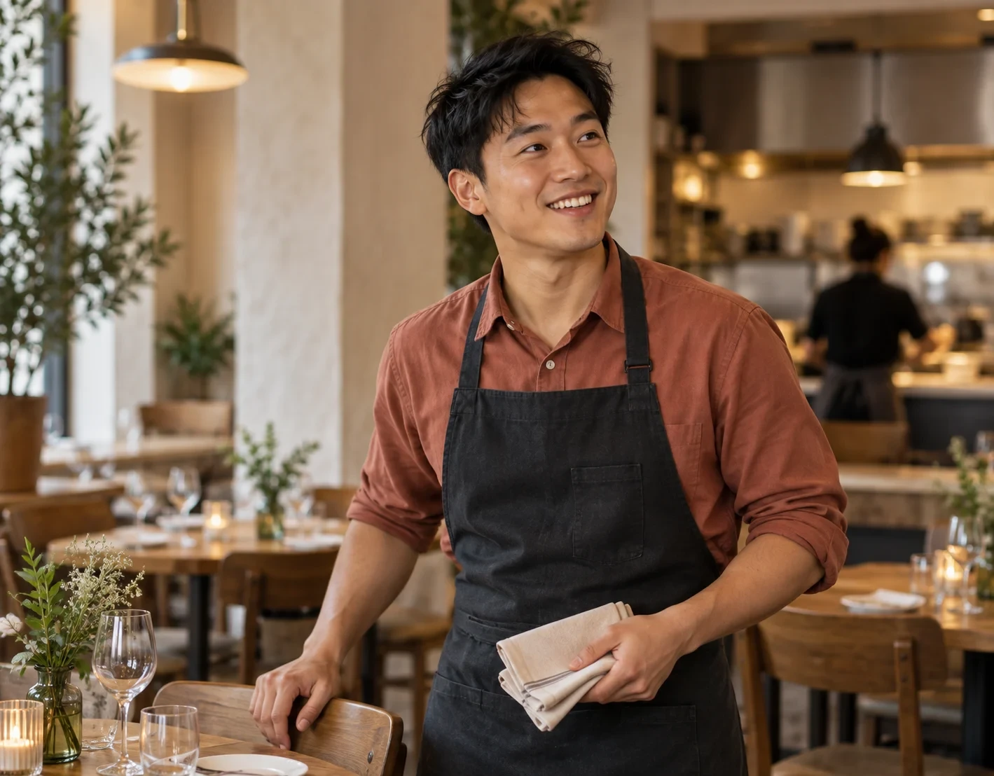 Lachende bediening in schort tussen de gedekte tafels van een restaurant